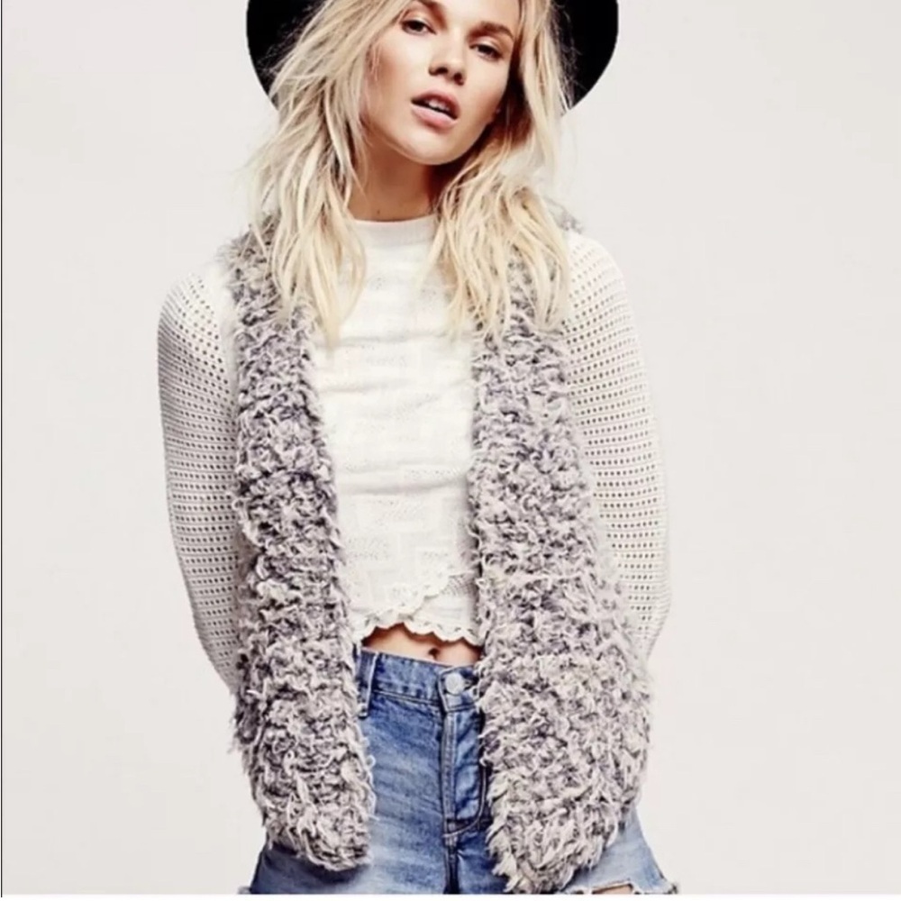 Free People Gray Faux Fur Open Vest